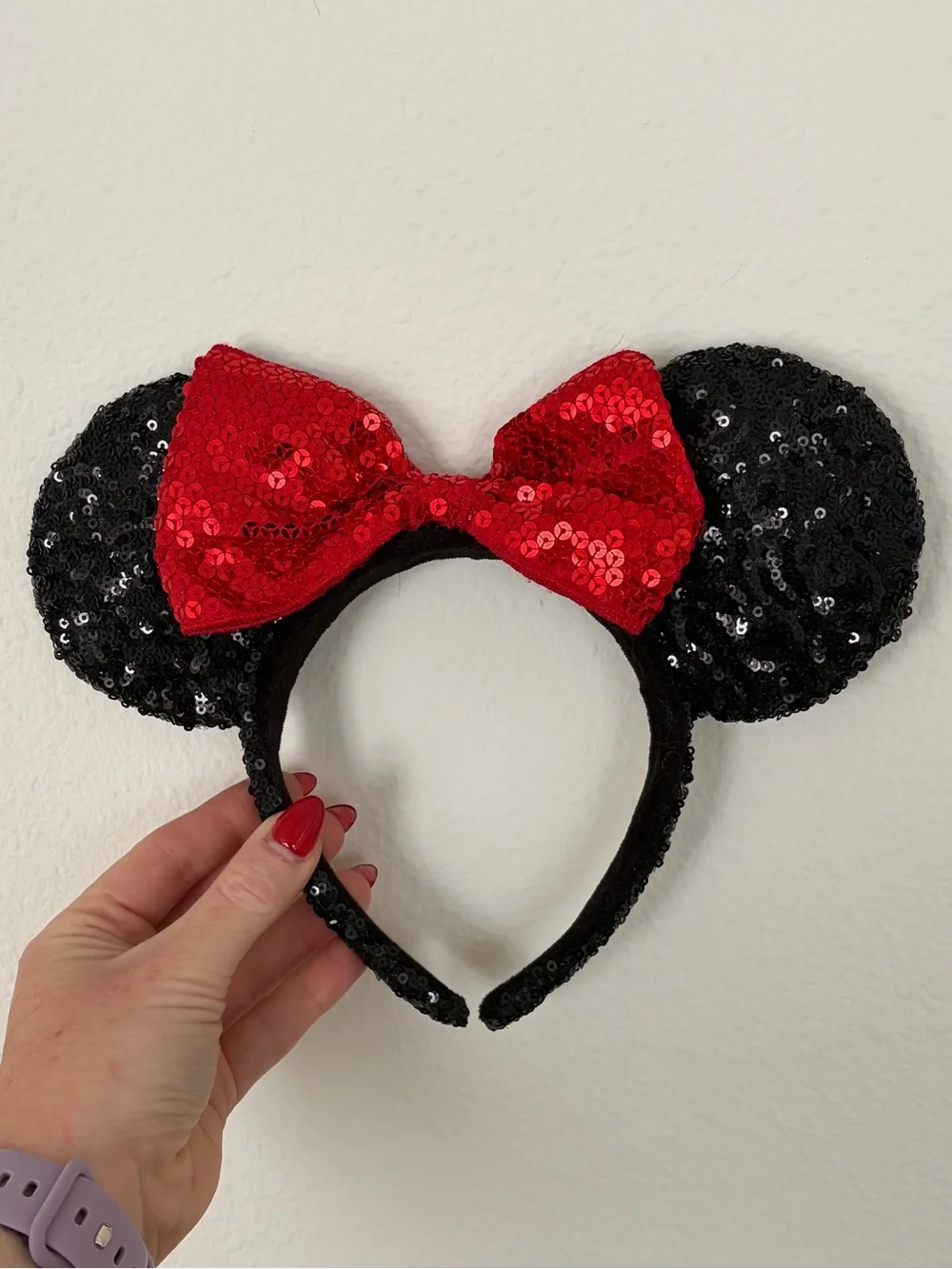 Classic Disney Sequin Minnie Mickey Mouse Ear Headband with Red Bow